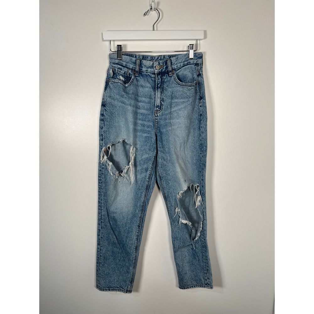 American‎ Eagle Curvy Mom Jean Light Wash Distressed Grunge High Rise Denim Sz 2